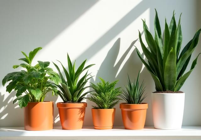 Varie piante da interno in vasi artistici su un davanzale soleggiato