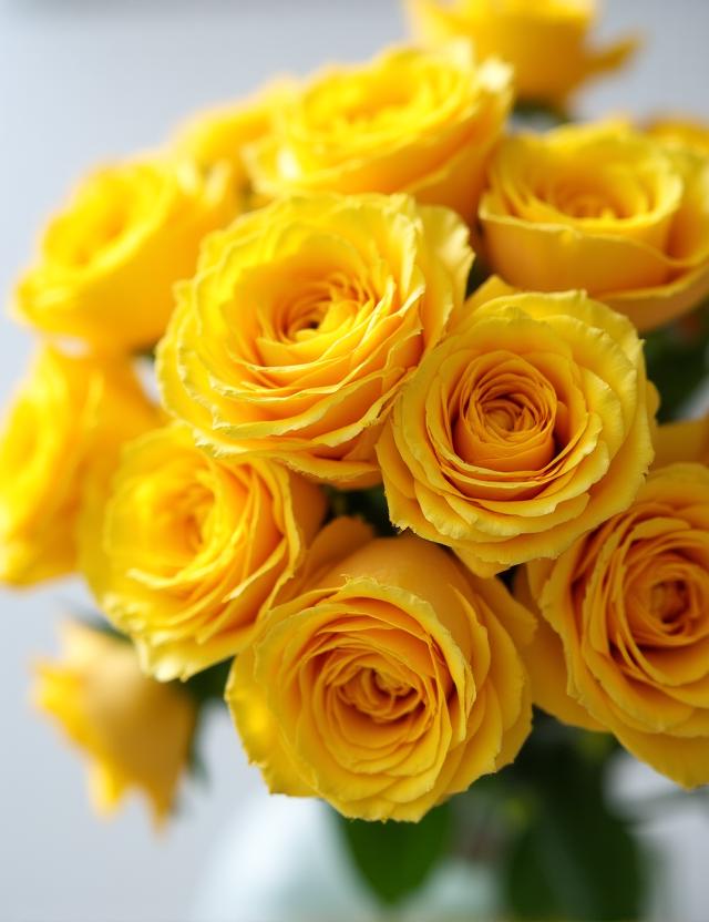 Bouquet di rose gialle luminose su un tavolo chiaro